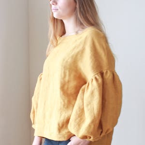 Linen blouse, Oversized 3/4 puffy sleeves image 4