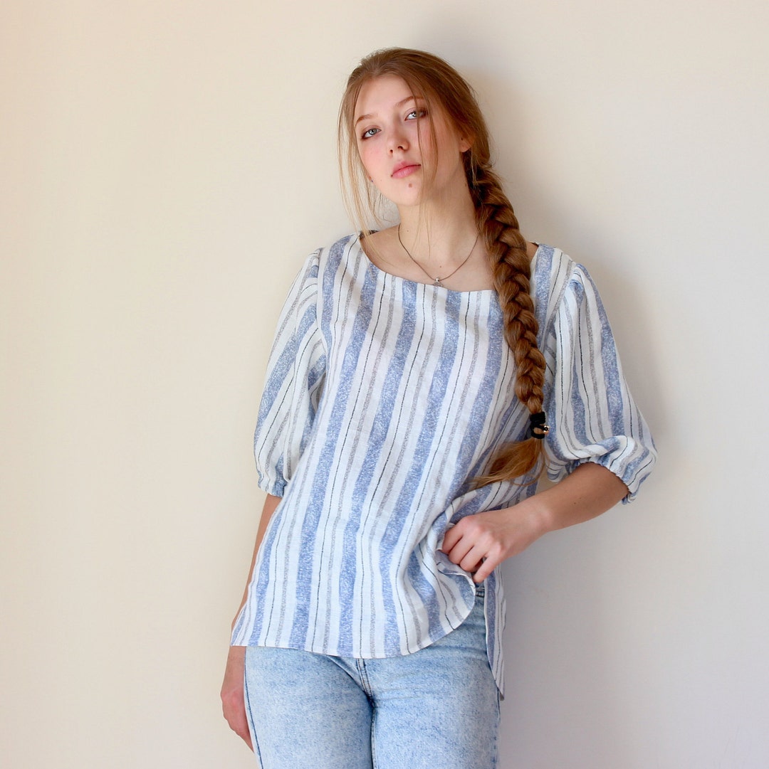 Wrinkled Linen Blend Blouse With Pleated Front Round Neck Short Puff Sleeves Relaxed Fit main image 0