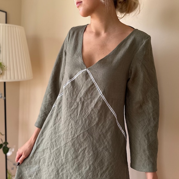 Long-Sleeved Softened Linen Nightgown