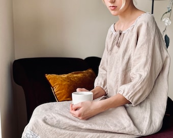 Langärmeliges weiches Leinen Nachthemd