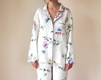 Sexy Linen Pajama set with Long Sleeve and Notch Collar