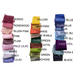 May include: A collection of fabric swatches in various colors, including bordo, rosewood, blush pink, pink, plum, pale lilac, white, grey, lilac, yellow, mustard, orange, coffee w.milk, dark green, terracotta, green, light green, artichoke, royal blue, dark blue, blue, steel blue, light blue, deep violet, verona blue, and black.