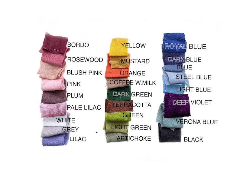 May include: A collection of fabric swatches in various colors, including bordo, rosewood, blush pink, pink, plum, pale lilac, white, grey, lilac, yellow, mustard, orange, coffee w.milk, dark green, terracotta, green, light green, artichoke, royal blue, dark blue, blue, steel blue, light blue, deep violet, verona blue, and black.