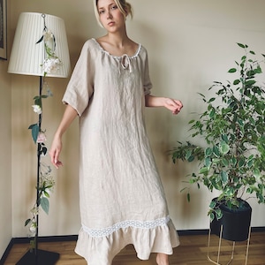 LuxeLinenDreams - Long-Sleeved Softened Linen Nightgown