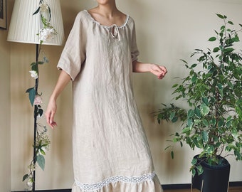 LuxeLinenDreams - Long-Sleeved Softened Linen Nightgown