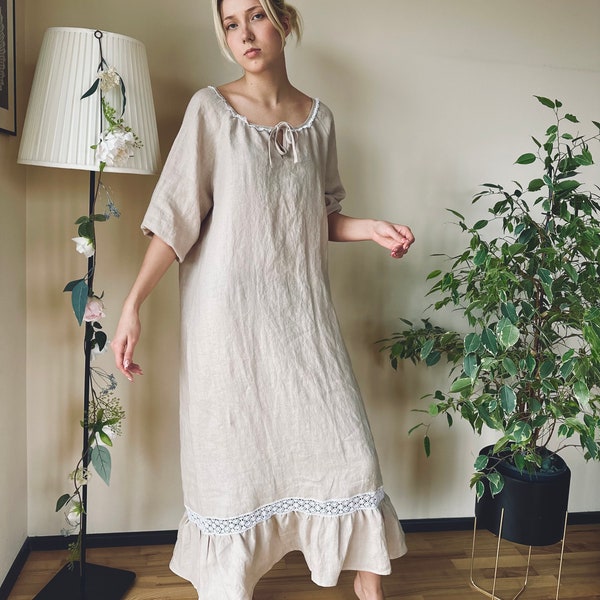 LuxeLinenDreams - Long-Sleeved Softened Linen Nightgown