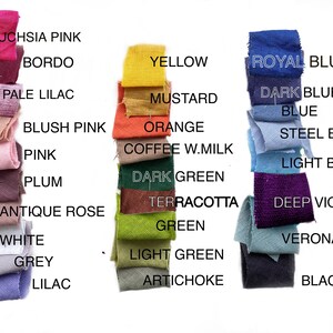 May include: A collection of fabric swatches in various colours, including fuchsia pink, bordo, pale lilac, blush pink, pink, plum, antique rose, white, grey, lilac, yellow, mustard, orange, coffee w.milk, dark green, terracotta, green, light green, artichoke, royal blue, dark blue, blue, steel blue, light blue, deep violet, verona blue, and black.