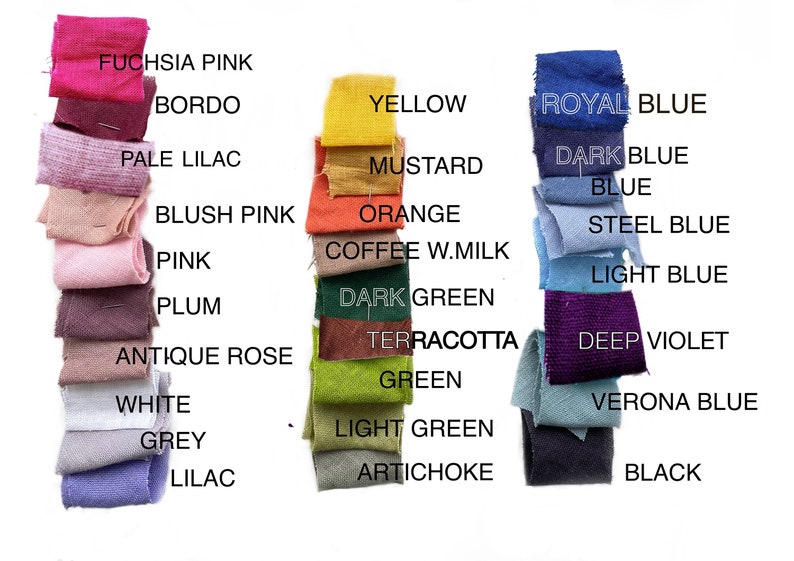May include: A collection of fabric swatches in various colours, including fuchsia pink, bordo, pale lilac, blush pink, pink, plum, antique rose, white, grey, lilac, yellow, mustard, orange, coffee w.milk, dark green, terracotta, green, light green, artichoke, royal blue, dark blue, blue, steel blue, light blue, deep violet, verona blue, and black.
