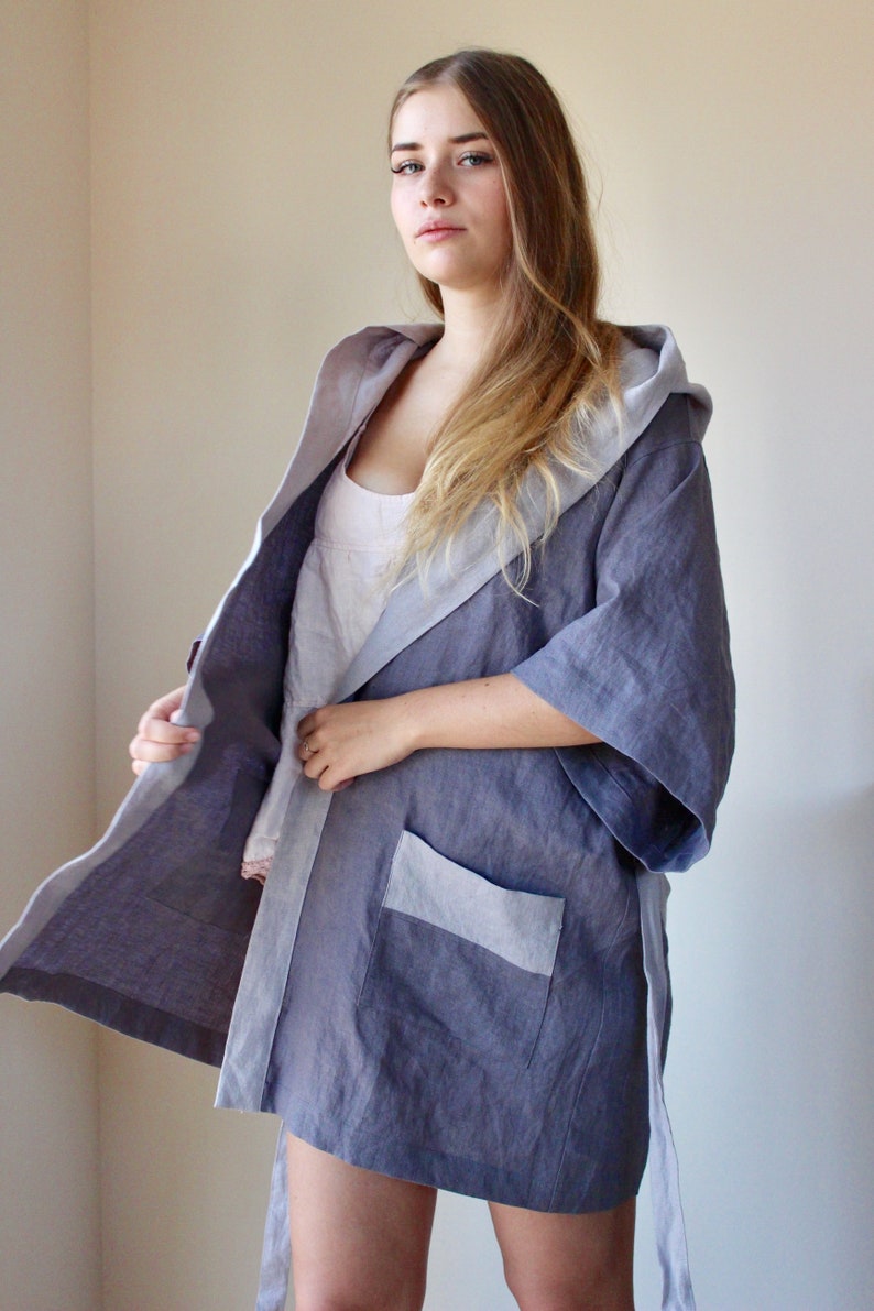 Softened Linen Womens Hooded Dressing Gown Short Length Housecoat Linen Bathrobe Kimono Robe