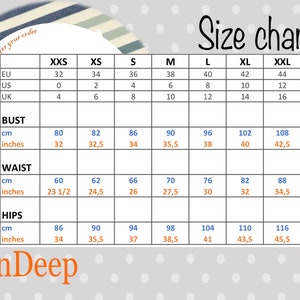 May include: Size chart for clothing in US, UK, and EU sizes. The chart shows measurements in inches and centimeters for bust, waist, and hips. Sizes range from XXS to XXXL.