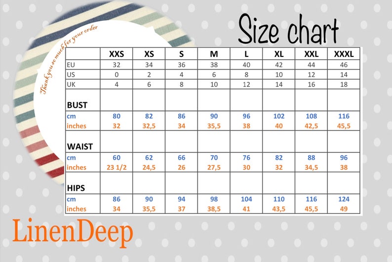May include: Size chart for clothing in US, UK, and EU sizes. The chart shows measurements in inches and centimeters for bust, waist, and hips. Sizes range from XXS to XXXL.