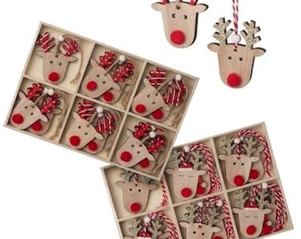 Nordic Hanging Wooden Reindeer Christmas tree decorations set