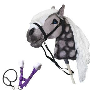 May include: A plush hobby horse with a gray and white spotted head, white mane, and blue eyes. It has a black bridle and reins, and a purple and white harness. The horse is mounted on a wooden stick.