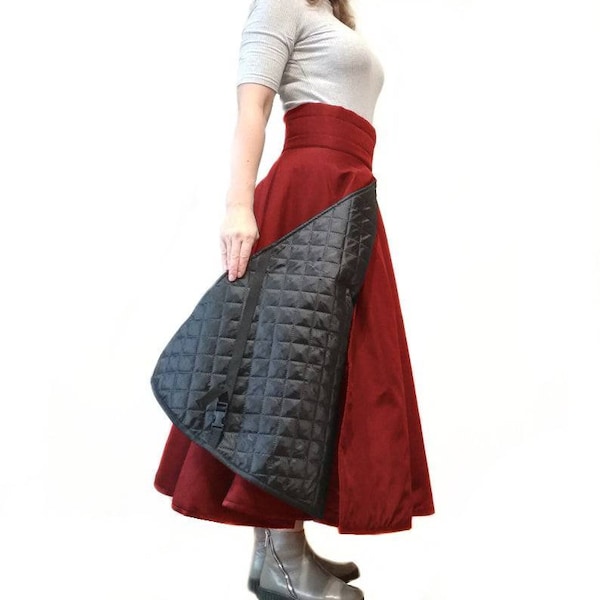 Dark red equestrian riding skirt long for winter horse driving for women