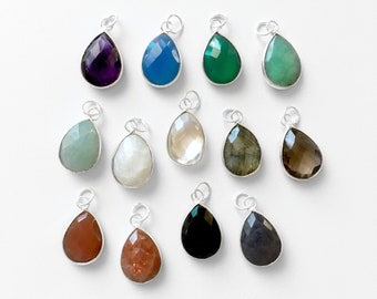 925 Sterling Silver 10x14mm Teardrop Charms, 13 Gemstones, Teardrop Pendant, Gemstone Charm, Faceted Pendants, Bezel Charm, Amethyst Charm