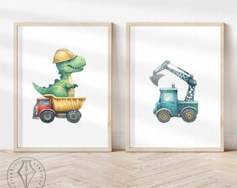 Dinosaurs and Construction trucks room decor, wall art, T-Rex, dump truck, excavator, bulldozer, Dinos, digital download, printable