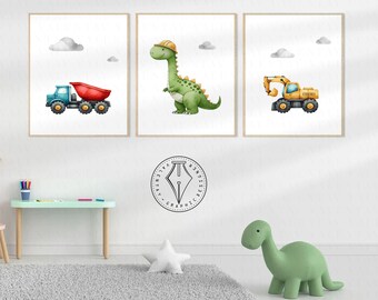 Dinosaurs and Construction trucks room decor, wall art, T-Rex, dump truck, excavator, bulldozer, Dinos, digital download, printable