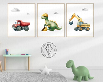 Dinosaurs and Construction trucks room decor, wall art, T-Rex, dump truck, excavator, bulldozer, Dinos, digital download, printable