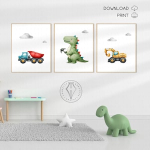 Dinosaurs and Construction trucks room decor, wall art, T-Rex, dump truck, excavator, bulldozer, Dinos, digital download, printable