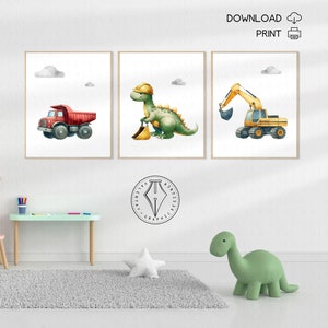 Dinosaurs and Construction trucks room decor, wall art, T-Rex, dump truck, excavator, bulldozer, Dinos, digital download, printable