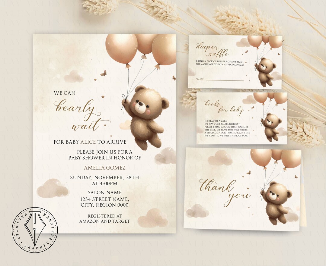 Gender Neutral Bear Baby Shower Invitation Bundle, We Can Bearly Wait ...