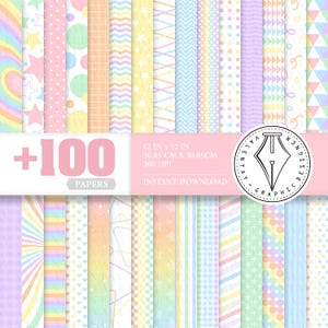 Op de afbeelding: Een set van 100 digitale papieren met pastel regenboogkleuren en verschillende patronen, waaronder stippen, strepen, sterren en geometrische vormen. De papieren zijn 30,48 cm bij 30,48 cm en 300 DPI.  +100 PAPIEREN DIRECT DOWNLOADEN