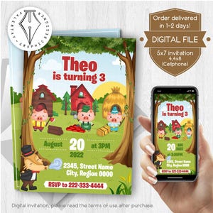 May include: A digital invitation for a child's third birthday, featuring a cartoon illustration of the Three Little Pigs. The invitation includes the text "Theo is turning 3", date, time, and RSVP information. A phone displays the invitation.