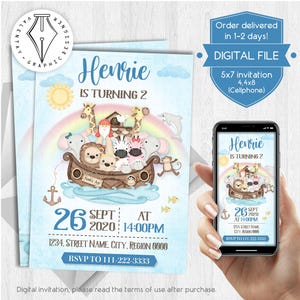 May include: A digital invitation for a child's second birthday, featuring a colorful illustration of Noah's Ark with various animals. The invitation includes the child's name, date, time, and RSVP information. The design is displayed on a phone.