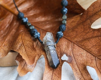 Smoky Quartz Amulet - Grounding Necklace - Shamanic Smokey Protection Amulet - Mens Talisman - Quartz Crystal One of a kind - Modern Mala