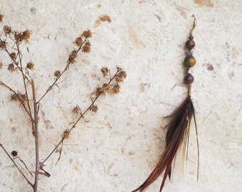 Single / Pair Feather Gemstone Earrings - Boho Long Dangle earrings - Natural Hippie jewelry - Earthy Rooster Feather earring - Festival