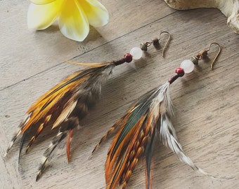 Pair Feather Gemstone Earrings - Boho Dangle earrings - Natural Hippie jewelry - Earthy Rooster Feather earrings pair - Festival accessories