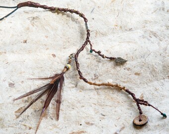 Macrame Hair Amulet – Boho Hairwrap Extension with Feathers & Crystals