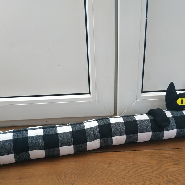 Door cushions black-white plaid with cat Draught stopper cushions  Breeze stopper Door sausage Long draft excluder Black-white decor