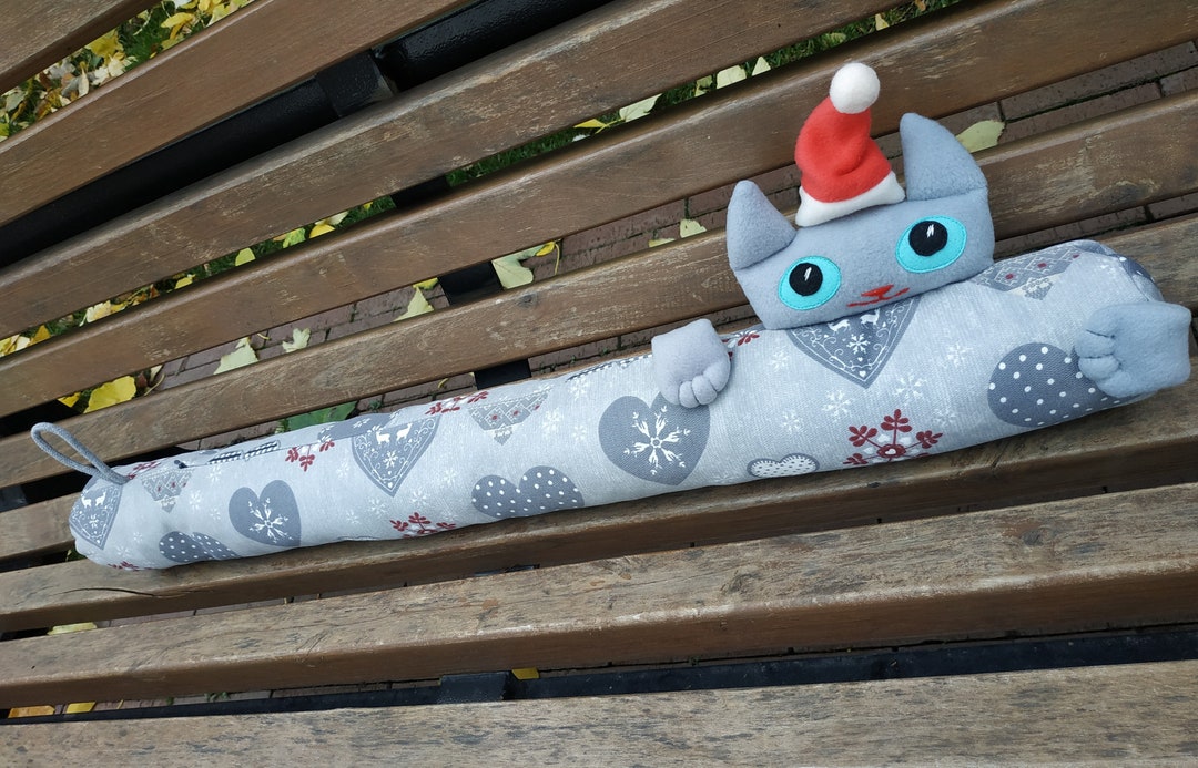 Christmas Draft Blocker With Cat Gray Ice Heart on Gray Background Door