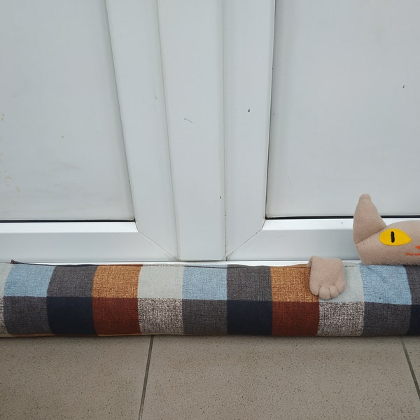 Door cushions plaid fabric with beige, brown or red cat Draught stopper Pet toys stopper  Breeze stopper Door sausage Long draft excluder