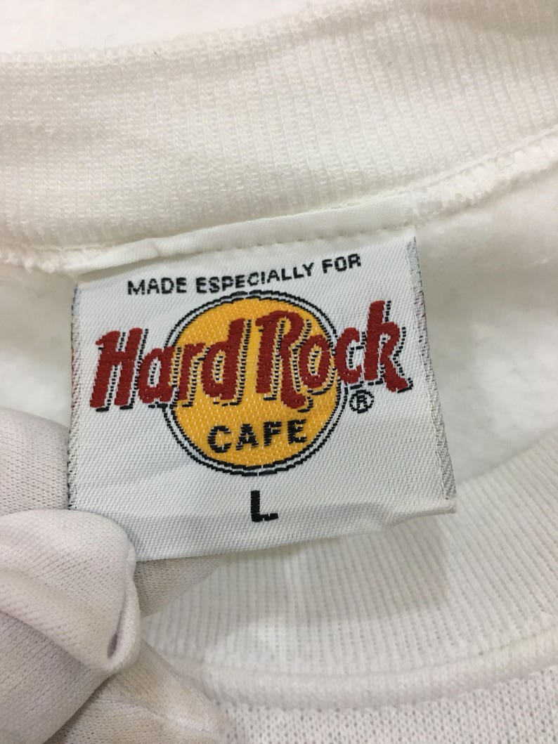 Vintage HARD ROCK Cafe Guam Usa Sweatshirt Jumper Unisex Kids Large Size Made In Usa White Color Great Condition
