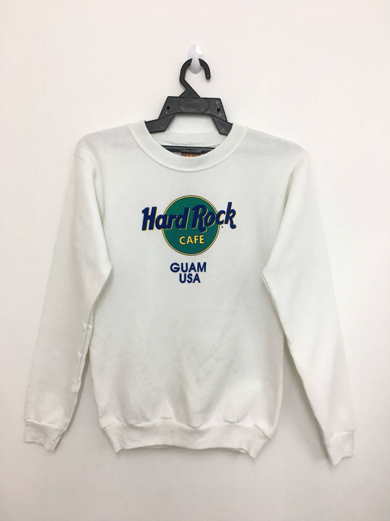 Vintage HARD ROCK Cafe Guam Usa Sweatshirt Jumper Unisex Kids Large Size Made In Usa White Color Great Condition