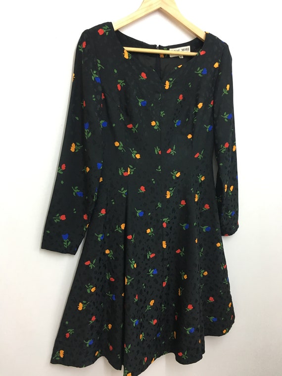 Vintage 80s 90s HANAE MORI Dress Longsleeve Flora… - image 3