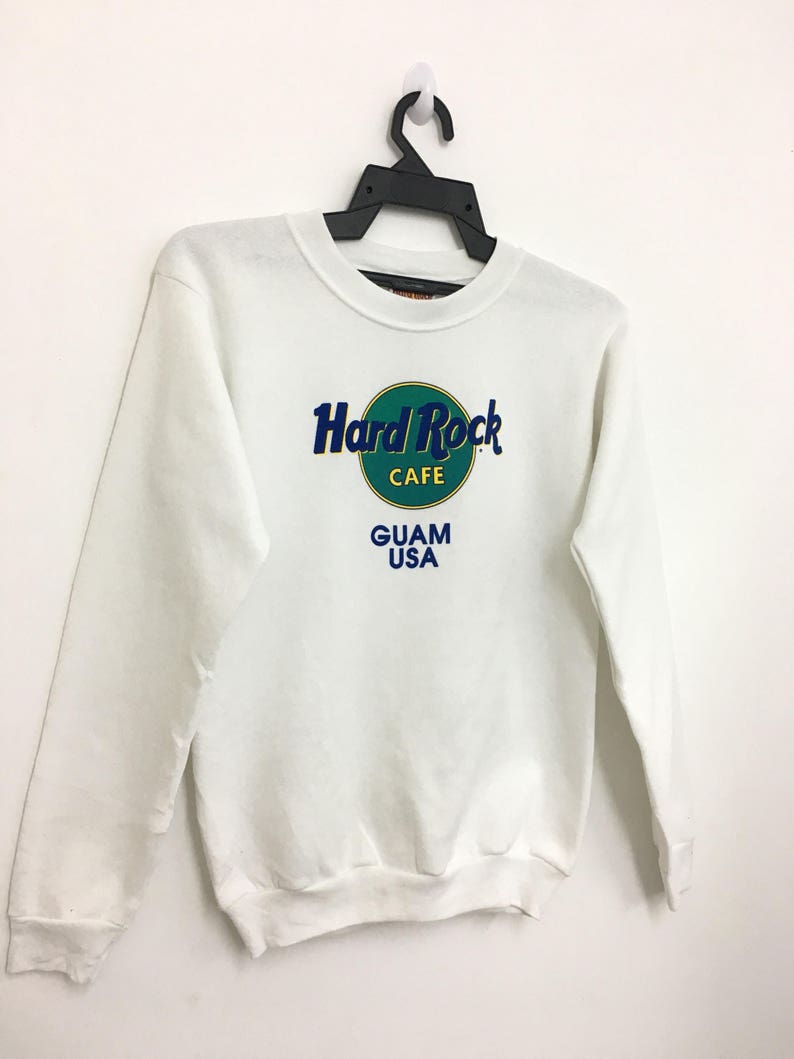 Vintage HARD ROCK Cafe Guam Usa Sweatshirt Jumper Unisex Kids Large Size Made In Usa White Color Great Condition
