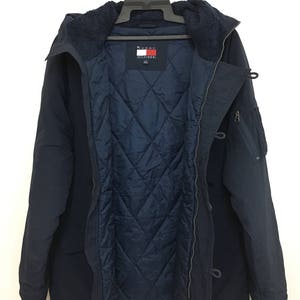 Vintage Rare 90&#39;s TOMMY HILFIGER Parka Jacket Hoodie Large Size Dark Blue Color