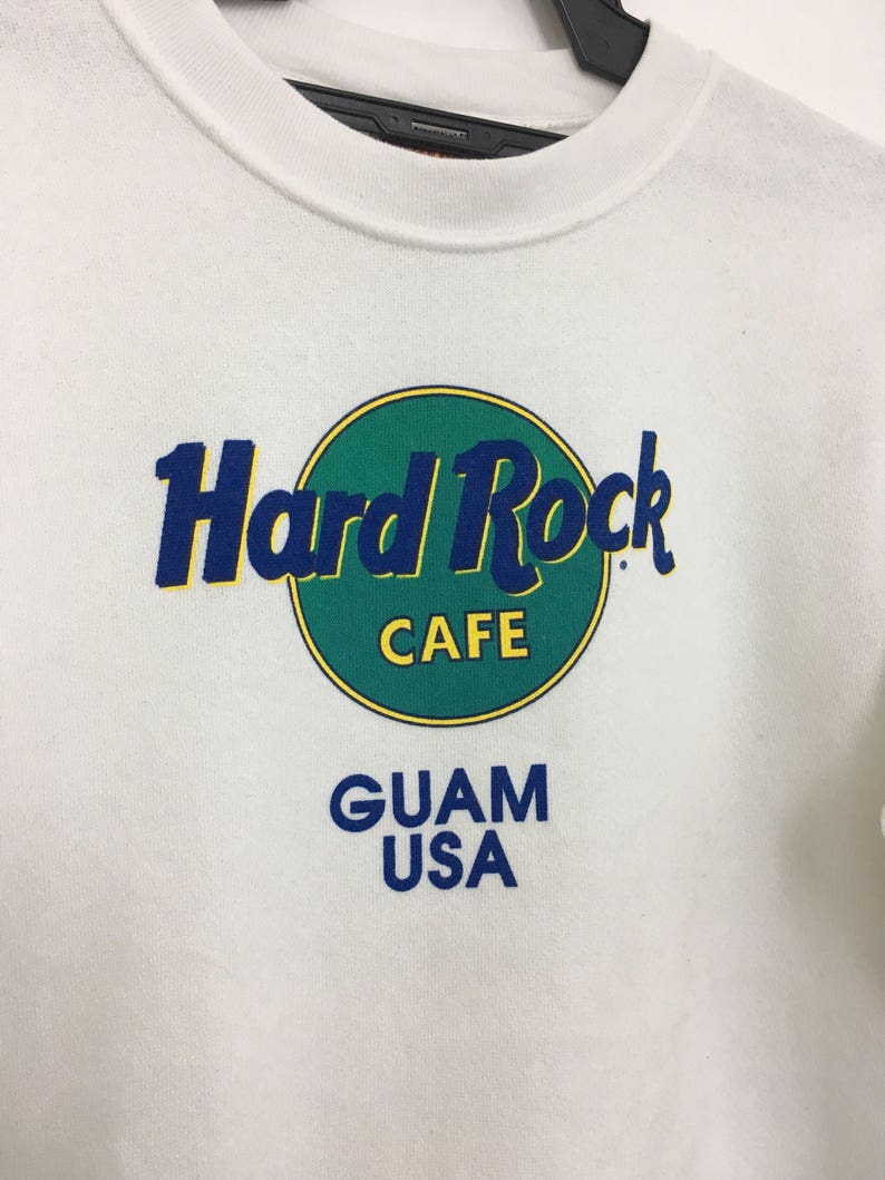 Vintage HARD ROCK Cafe Guam Usa Sweatshirt Jumper Unisex Kids Large Size Made In Usa White Color Great Condition