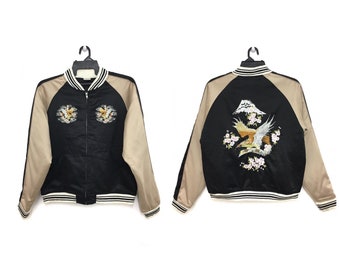 Vintage SUKAJAN Japanese Jacket Embroidery Eagle Flowers Rare Jacket Large Size