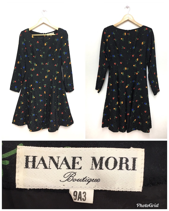 Vintage 80s 90s HANAE MORI Dress Longsleeve Flora… - image 1