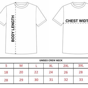 May include: Size chart for unisex crew neck shirts. The chart shows chest and length measurements in inches for sizes S through 4XL.