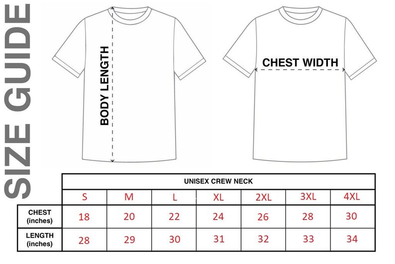 May include: Size chart for unisex crew neck shirts. The chart shows chest and length measurements in inches for sizes S through 4XL.