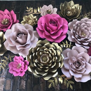 Paper Flowers Set of 12 & 6 golden leaves, colors blush  pink  ivory and gold