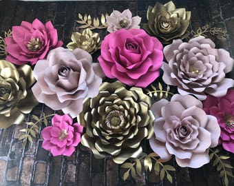 Paper Flowers Set of 12 & 6 golden leaves, colors blush  pink  ivory and gold