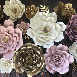 Paper Flowers Set of 12 & 6 golden leaves, colors blush ivory and gold