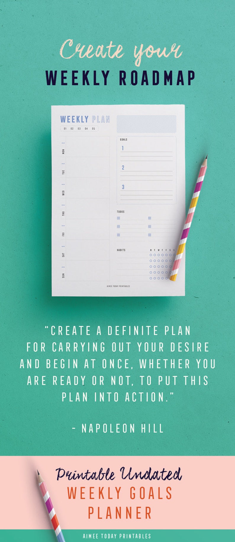 weekly goals planner printable with top 3 goals habits and etsy