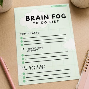 May include: A light green paper to-do list with a grid pattern and white cloud graphics. The text reads BRAIN FOG TO DO LIST, TOP 3 TASKS, IF I HAVE THE ENERGY, and IF I CAN'T GET TO IT, IT'S OK. It includes green bullet points and black lines.